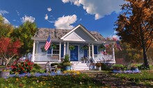 Fall Home Decor A Blue And White House With American Flags And Flowers Generative AI