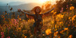 Happy and Successful Woman Celebrating in the Hills with Outstretched Arms. Woman Raising Hands in Mountains