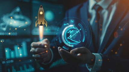 Wall Mural - Businessman hold virtual rocket launch investment growth, planning and starting corporate business start up aiming objective value development leadership and customer target group. Business background