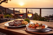 Romantic dinner on beach. Glasses of wine and sea wiew. Vacation, travel, restaurant. Happy valentine's day background.
