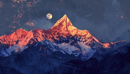Poster - a beautiful scene of a mountain in an island with snowy peaks in the dark moon in the evening with moon coming up with fog and snow and the view of clouds in the dark sky