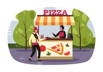 Wall Mural - Street market. Kiosk selling pizza. Vector illustration