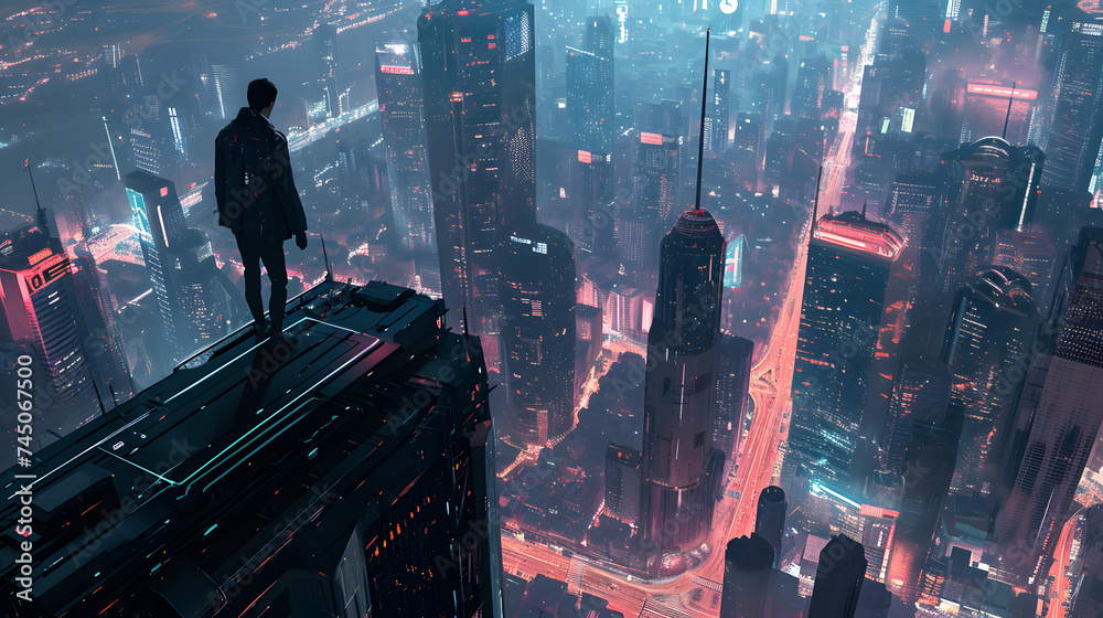 anime style character observing futuristic city from above Stock ...