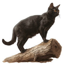 A Black Cat Illustration Standing On A Wood Log