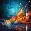 Colorful paint brush splashes on canvas, artist brushes closeup on artistic canvas