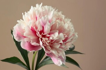 Wall Mural - Bright delicate white-pink peony flower isolated on a beige background. generative ai.