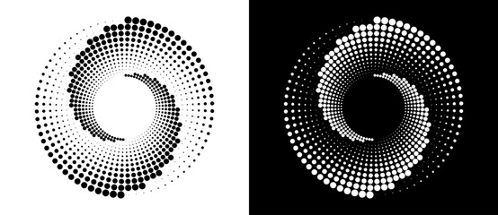 Fototapete - Modern abstract background. Halftone dots in circle form. Round logo. Vector dotted frame. Design element or icon. Black shape on a white background and the same white shape on the black side.
