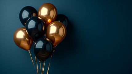 Wall Mural - A lively celebration: gold and black helium balloons sparkle on a navy background. Suitable for birthdays, New Years, parties, weddings, Valentine's Day and celebration occasions.