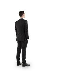 man in business suit standing, white isolated background, professional appearance