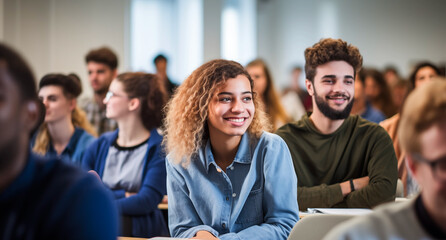 Wall Mural - A diverse group students in a classroom setting, all appearing engaged and happy. A young woman with a bright smile and curly hair is in focus, indicative of a positive learning environment. 