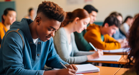 Wall Mural - In the Classroom Multi Ethnic Students Listening to a Lecturer and Writing in Notebooks. Smart Young People Study at the College.