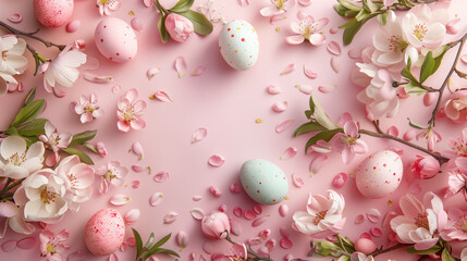 Wall Mural - Colorful easter eggs and spring flowers on pastel pink background