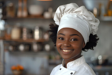 Sticker - Afro woman wearing chef uniform in luxury hotel restaurant kitchen