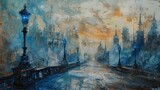 Fototapeta Fototapeta Londyn - Great white city, oil painting, impressionist, steampunk city, arcane, Piltover, Zaun, Blue lamposts, concept art