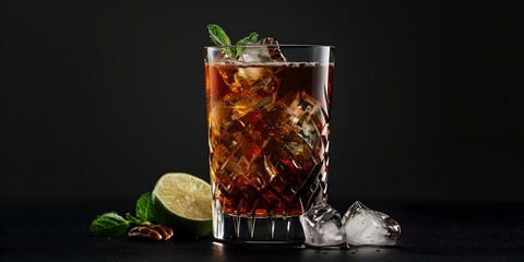 Sticker - Refreshing iced tea in a tall glass with lemon and mint on a dark background. a perfect drink image for menus and advertisements. AI