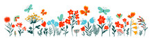 Horizontal Grass Headers. Cute Simple Flowers And Butterflies In The Grass. Hand Drawing. Not AI, Vector Illustration.