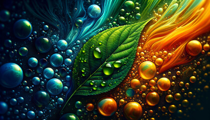 Wall Mural - A vivid, digital image showcasing a green leaf with fresh water droplets transitioning into a fiery orange flow with spherical bubbles and dynamic movement.Background concept.AI generated.