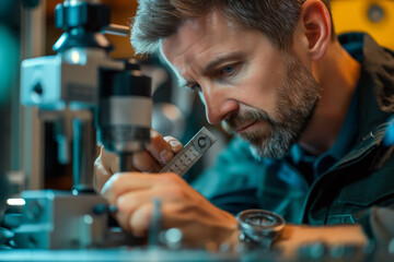 Poster - Close-up of a man inspecting a product with a measuring tool.