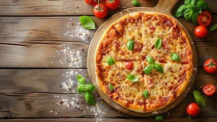 Pizza, Crispy crust topped with gooey cheese and savory toppings, displayed on a rustic wooden table with scattered flour