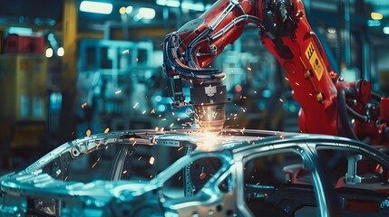 Robot welding is welding assembly automotive part in car factory. 