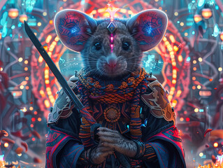 Poster - Medieval knight in armor. Portrait of gigantic cute rat deity warrior in a shining armor holding the pitcher. There is a geometric cosmic mandala zodiac style made of lights in the background