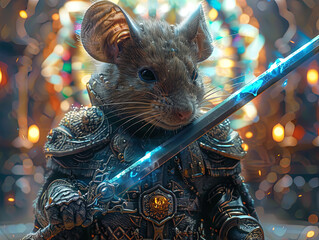 Poster - Medieval knight in armor. Portrait of gigantic cute rat deity warrior in a shining armor holding the pitcher. There is a geometric cosmic mandala zodiac style made of lights in the background