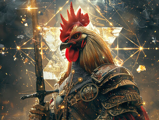 Poster - Medieval knight in armor. Portrait of gigantic cute rooster deity warrior in a shining armor holding the pitcher. There is a geometric cosmic mandala zodiac style made of lights in the background