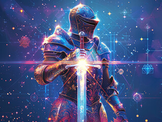 Poster - Medieval knight in armor. Portrait of gigantic cute Scorpio deity warrior in a shining armor holding the pitcher. There is a geometric cosmic mandala zodiac style made of lights in the background