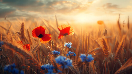Wall Mural - Beautiful red poppies and blue cornflowers bloom in a wheat field.