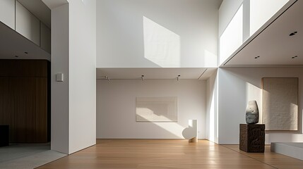 an empty room with a white wall and sculpture, in the style of meticulous lines, subtle lighting, contemporary tapestries, mori kei, design by architects, dark amber and white, linear and airy