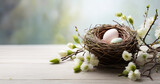Fototapeta Mapy - Easter Nest with Pastel Eggs and Fresh Spring Buds