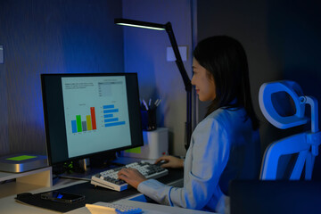 Poster - Portrait of young hardworking businesswoman working overtime during the night in her office room.