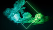 © RocknRoller Studios - Green and Turquoise Neon Light with Cloud Formation. Diamond shaped Fluorescent Frame in Dark Environment.