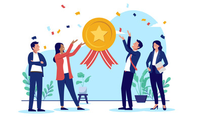 Aufkleber - Business team achievement - Group of cheerful businesspeople celebrating award medal with confetti and smiling. Teamwork winners concept in flat design vector illustration with white background