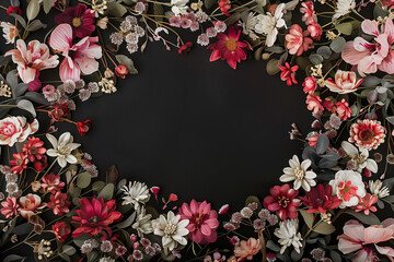 Wall Mural - illustration of a frame of flowers on dark background. Created with Generative AI