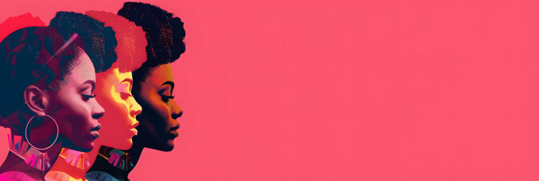 Women's day celebration banner, 8 march, multiple afroamerican women faces graphic illustration, horizontal copy space on pink background. 