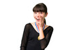 Little caucasian girl with medals over isolated background with surprise and shocked facial expression