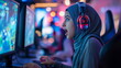 Muslim young woman playing video games in cybersports club neon lights on background, modern , generative ai, sad, angry emotional