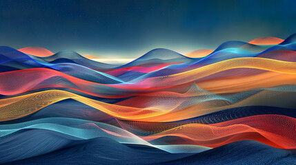 Canvas Print - Digital artwork depicting undulating, wireframe dunes with a gradient of warm colors under a starry night sky, evoking a surreal and serene desert landscape.Background concept. AI generated.
