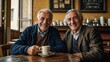 Mediterranean lifestyle. Two old, smiling Italian men sitting in a stylish, old Italian coffee shop. Generative AI.
