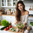 © Lab - Female kitchen beauty: Young Caucasian woman preparing organic vegetable salad for a healthy breakfast in a modern, white, and cheerful indoor setting