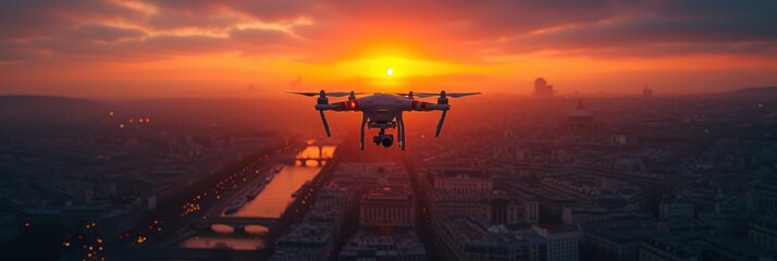 Wall Mural - Drone Flying over the cityscape with beautiful sunset