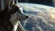 A photo of a dog in space on a spaceship. Laika is an astronaut. Husky looks out the window at the planet earth