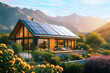 Modern home with solar panels on the roof among the mountains and beautiful nature on a sunny summer day.