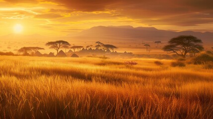 Canvas Print - Grassland In Golden Sunset