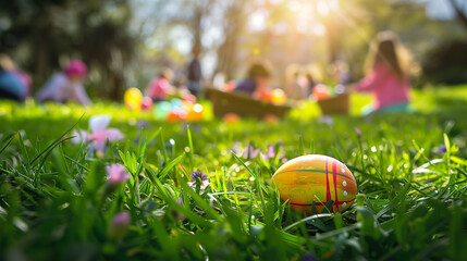 Easter egg on grass with children in background