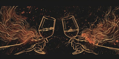 Simple line Illustration two glasses of wine and hands Flying In The Universe black color grunge texture.	