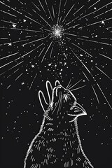 Wall Mural - Simple line Illustration cat and hand Flying In The Universe black color grunge texture banner.