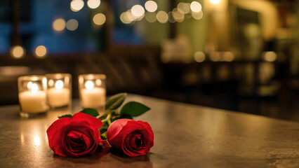 Aufkleber - Two red roses on table with candles and bokeh lights background at restaurant. High quality photo