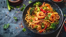 Stir Fry Noodles With Vegetables And Shrimps